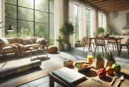 A serene home environment showcasing elements of a healthy lifestyle, such as a yoga mat laid out for exercise, natural light coming through large windows, a healthy meal with fruits and vegetables on the table, and a cozy seating area with a gratitude journal.