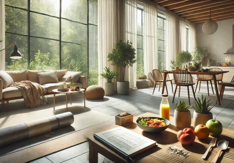 A serene home environment showcasing elements of a healthy lifestyle, such as a yoga mat laid out for exercise, natural light coming through large windows, a healthy meal with fruits and vegetables on the table, and a cozy seating area with a gratitude journal.