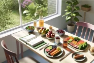 A serene dining setting that promotes mindful eating. The table is beautifully set with a healthy, balanced meal consisting of vibrant fruits, vegetables, and whole foods. 