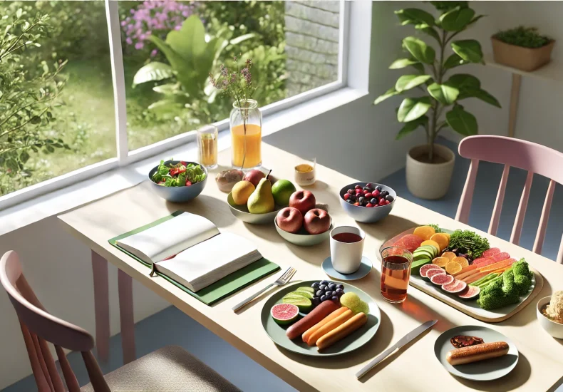 A serene dining setting that promotes mindful eating. The table is beautifully set with a healthy, balanced meal consisting of vibrant fruits, vegetables, and whole foods. 