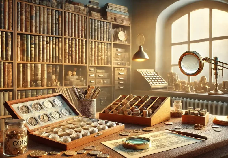 a coin collecting area with many different coins and books.