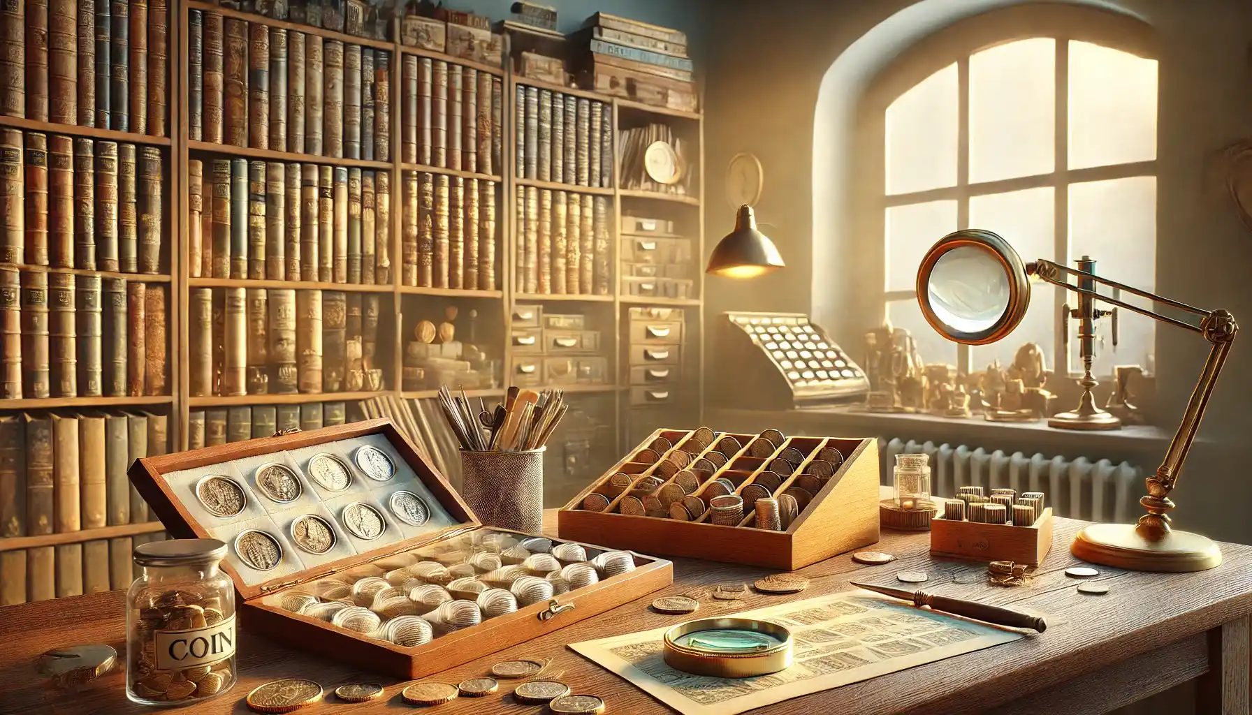 a coin collecting area with many different coins and books.