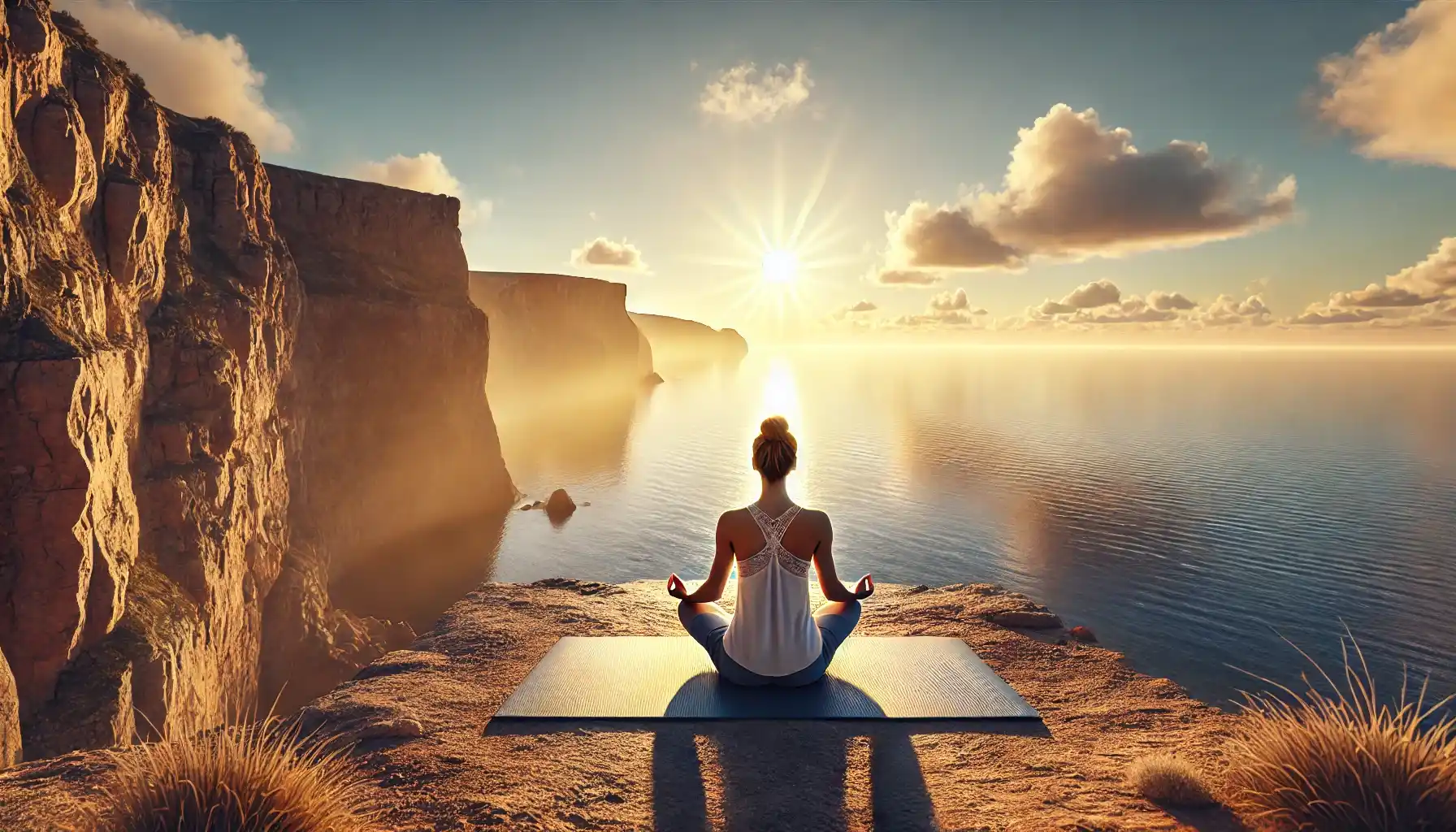 a woman meditating on a cliff near a sea on a sunset. 