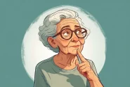 An elderly woman holds her finger to her mouth and thinks