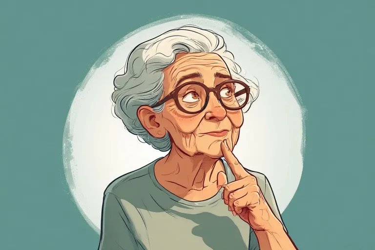An elderly woman holds her finger to her mouth and thinks
