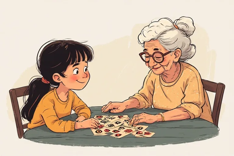 A girl and an elderly woman are playing visual games at a table