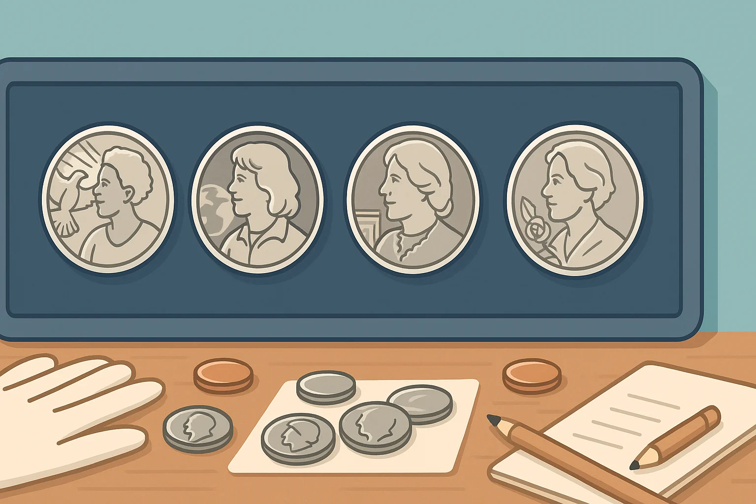 A collection of American quarters devoted to famous women.