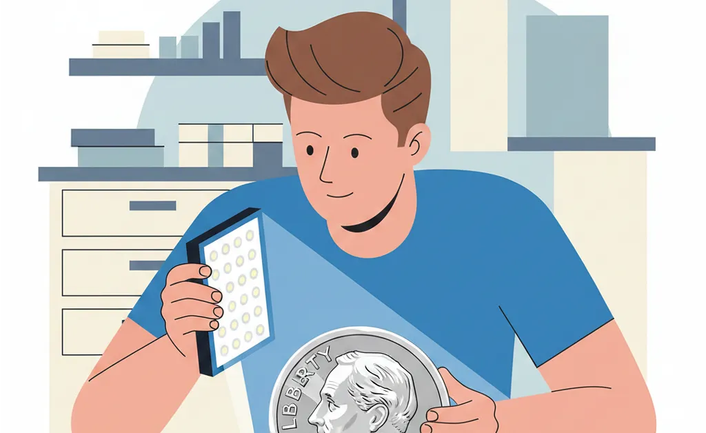 a man is checking the Roozvelt coin's surface with the LED panel